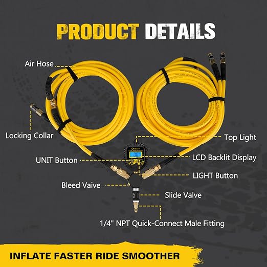 BUNKER INDUST 4 Tire Inflation Deflation System, Rapid High-Flow Air Up Down Kit with Digital Tire Pressure Gauge, 4 Wheels Off Road Tire Deflator Inflate-Up to 200" Wheelbase