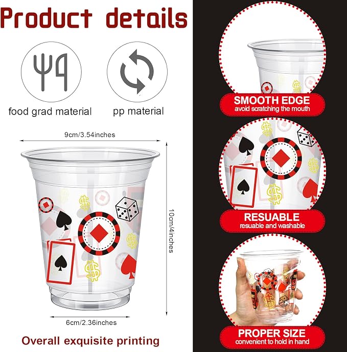 Uiifan 50 Pcs Casino Party Decorations Las Vegas Cups Casino Game Night Party Supplies 12 oz Poker Slot Machine Chips Disposable Plastic Shot Cups for Drinking Office Home Dice Vegas Birthday Favors