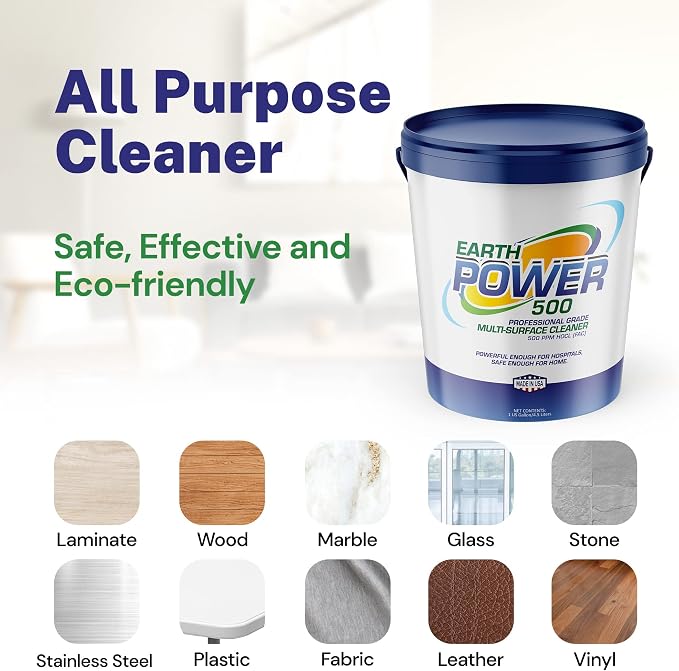 Earth Power Hypochlorous Acid 500 PPM Multipurpose Cleaner – Natural & Non-Toxic – Tile, Refrigerator, Shower, Countertop & Floor Cleaner – Family, Food & Pet Safe Cleaning Supplies – 5 Gallon