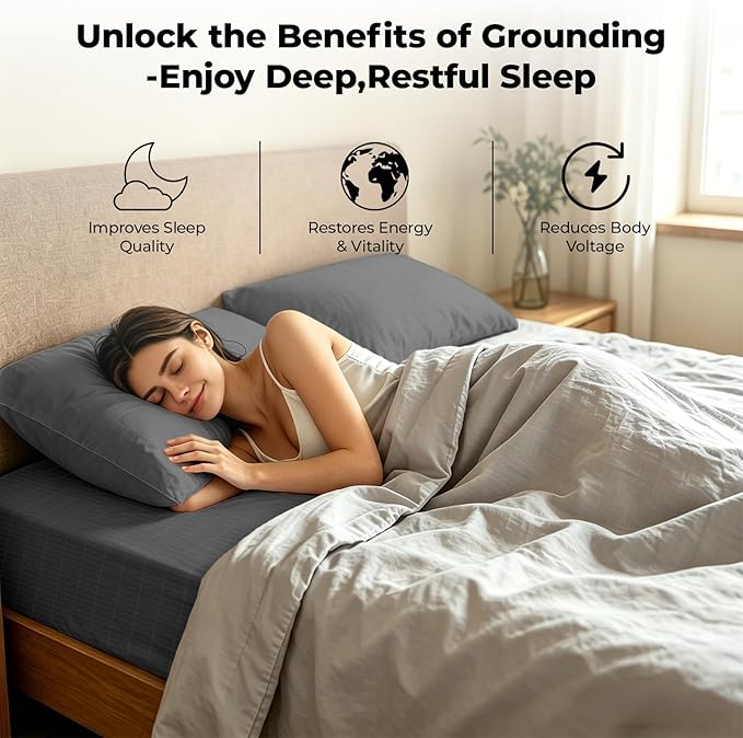 Grounding Sheets Twin 10% Silver Fiber Grounding Fitted Sheet Earth Bed Sheet with Outlet Tester,Adapter,Cord,Wool Dryer Balls,Laundry Bag (39"x75"x15",Gray)
