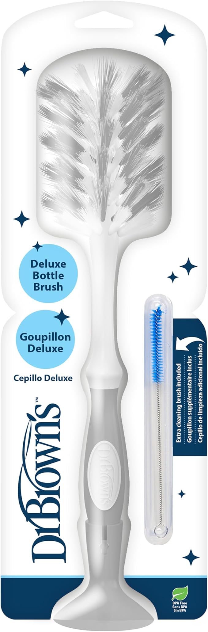 Dr. Brown's Deluxe Bottle Brush for Cleaning Baby Bottles, Nipples, and Sippy Cups with Suction Cup Stand and Vent Brush, BPA-Free, Gray, 1-Pack