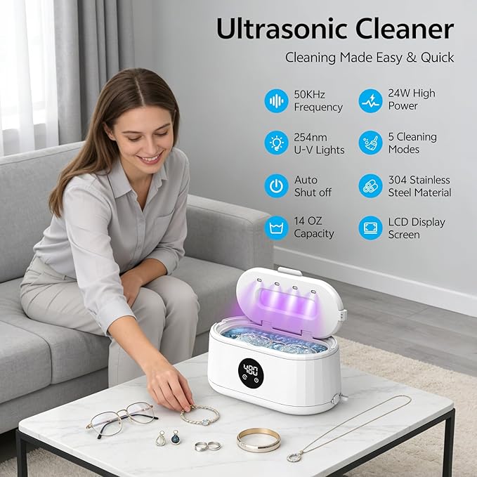 Ultrasonic Jewelry Cleaner, 50kHz Ultrasonic Cleaner Machine for Jewelry, Eyeglasses, Rings, Watch Straps, Toothbrush Heads, Dentures, Retainers, 5 Timers Cleaning Mode, 420ml 304 Stainless Steel Tank