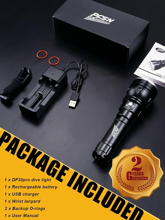 PFSN 3000 Lumens Dive Light with Lockable Switch, 150m Underwater Waterproof, 20H Runtime, 400m Long Narrow Beam, Rechargeable Professional Scuba Diving Flashlight for Night Diving, Caving, Snorkeling