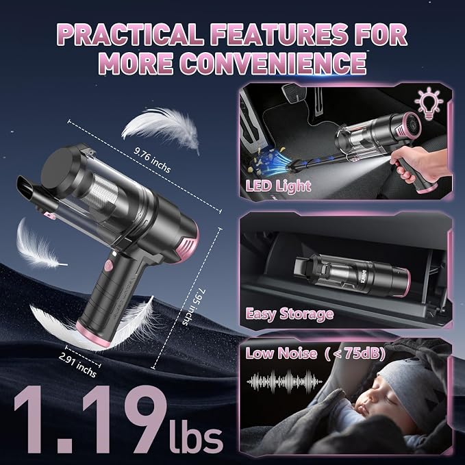 KMM Handheld Car Vacuum Cleaner, 16000PA Air Duster & Vacuum Cleaner, 120W High Power Hand Held Vacuum Cordless, Portable Vacuum Rechargeable with Multi-Nozzles & LED Light for Car, Home, Pet, Office