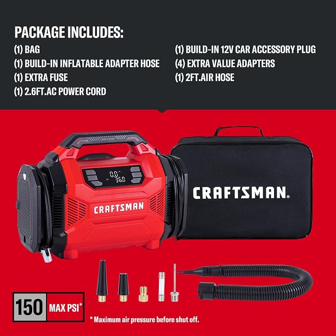 CRAFTSMAN Dual Power Tire Inflator with Digital Gauge & Auto Shut-Off | 12V DC Car Plug and 120V AC Home Use with Up to 150 PSI, LED Light, Portable Air Pump for Car Tires, Bikes and Inflatables