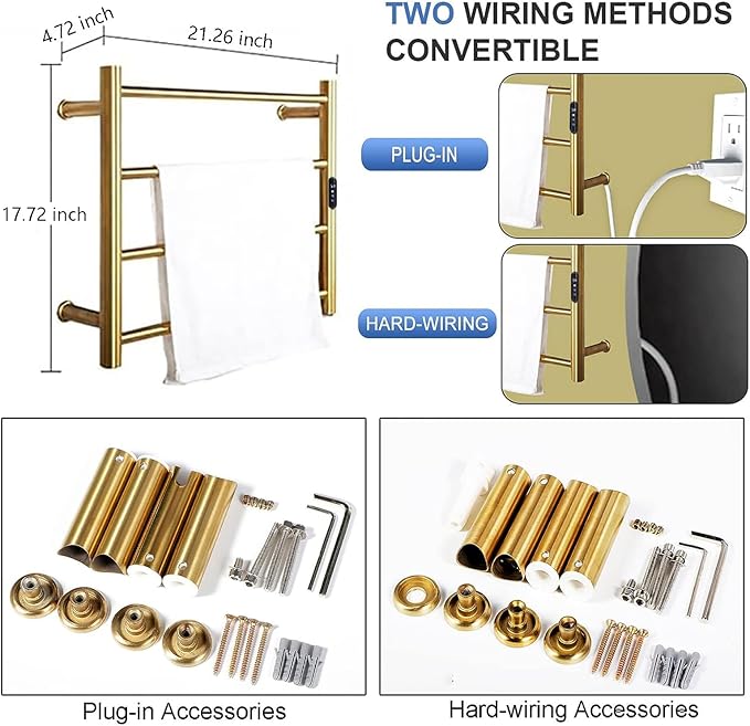 Heated Towel Rack Gold, 4 Bars Towel Warmer Rack for Bathroom Wall Mounted, Timer & Temperature Control Electric Towel Rack (4 Bars Brushed Gold, Plug-in)