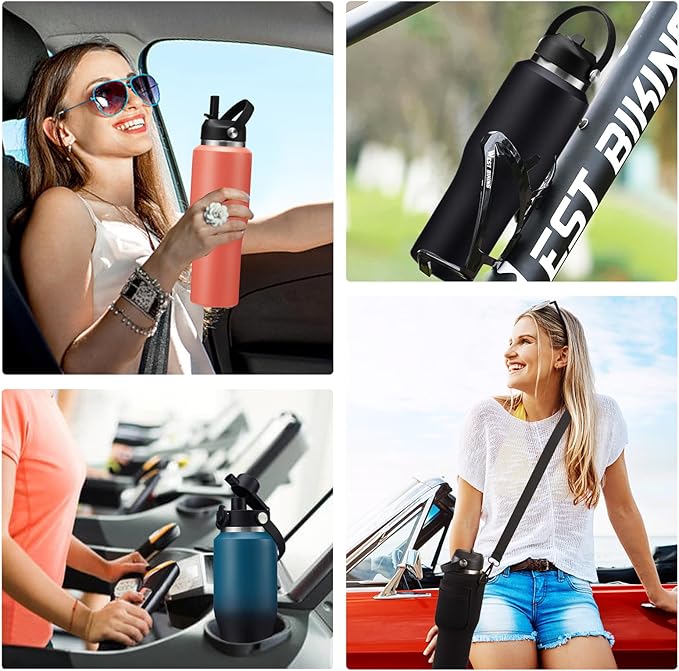 Insulated Water Bottle 32oz with Strap, Water Bottle with Straw & Top Handle for Hot 24h & Cold 48h, Stainless Steel Leakproof Travel Flask, Purple Thermal Cup Fits in Cup Holder