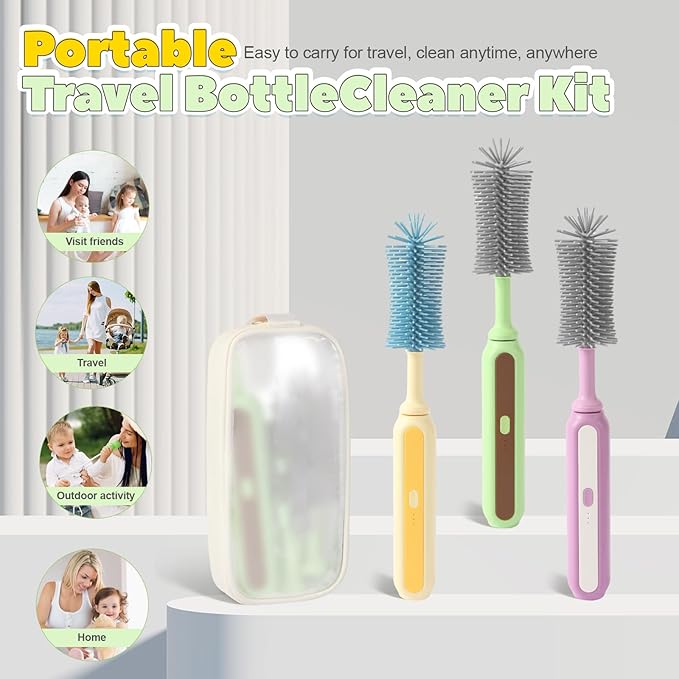 Electric Baby Bottle Brush Cleaner, 5-in-1 Travel Kit with Storage Bag, Food-Grade Silicone, Long Battery Life, Portable Baby Bottle Cleaner Brush Set, Ideal Gift for Parents & Babies (Green)