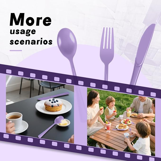 Plastic Silverware 150 PCS Disposable Silverware Heavy Duty Utensil Sets 50 Of Each Forks Knives & Spoons Disposable Cutlery Set For Easter,Birthday,Baby Shower,Garden Party,Wedding(150,Lavender)