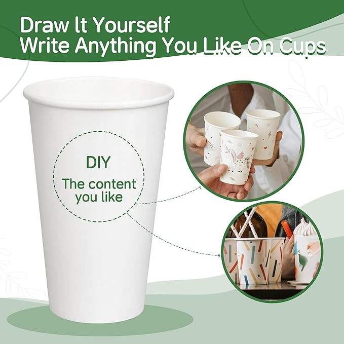 Coffee Cups 16 oz 200 Pack, Disposable Paper Cups for Hot Beverage Drinking, White Hot Cups Suitable for Party, Picnic, Travel, and Events
