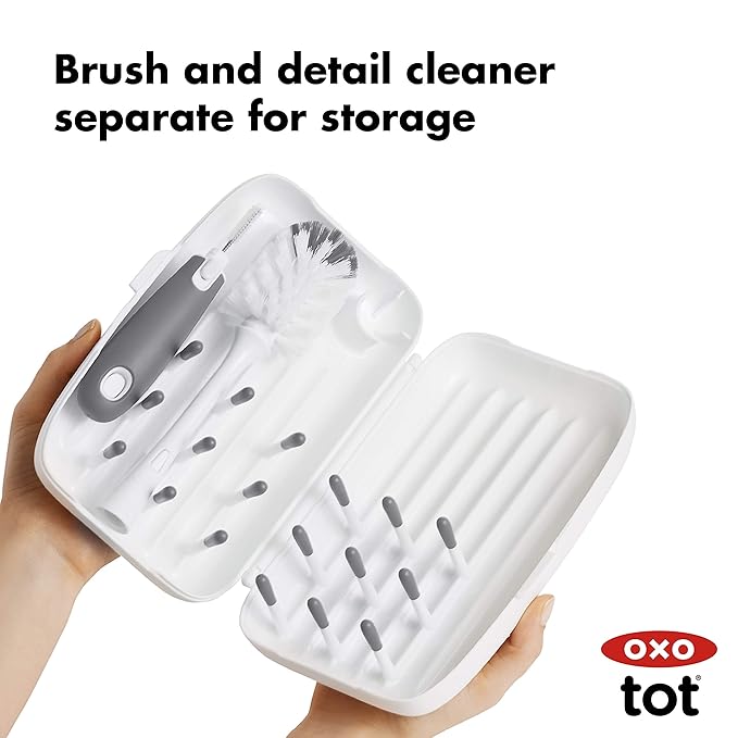 OXO Tot Bottle Brush with Nipple Cleaner and Stand – Gray, 2-Pack & Tot Travel Size Drying Rack with Bottle Brush- Gray