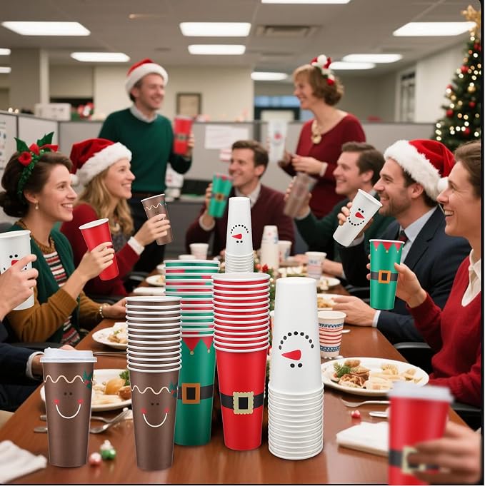 Dandat 20 oz 52 Pcs Christmas Coffee Paper Cups with Lids Disposable Christmas Paper Cups for Hot Cocoa Tea Beverage Holiday Xmas Party Supplies