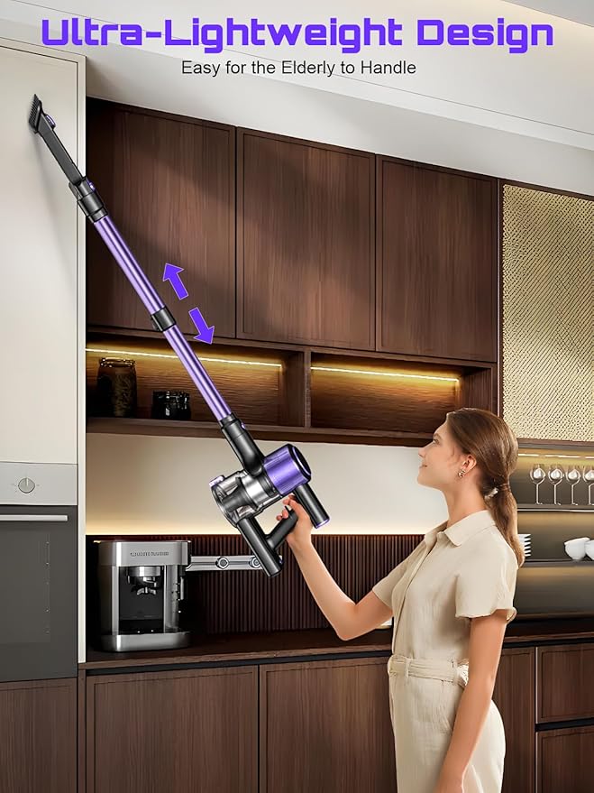 Cordless Vacuum Cleaner, 10 in 1 Stick Vacuum with Powerful Suction, Hose, Green LED Light, Anti-Tangle Brush, Lightweight Rechargeable Vacuum Cleaner for Home, Hardwood Floors,Pet Hair (Purple)