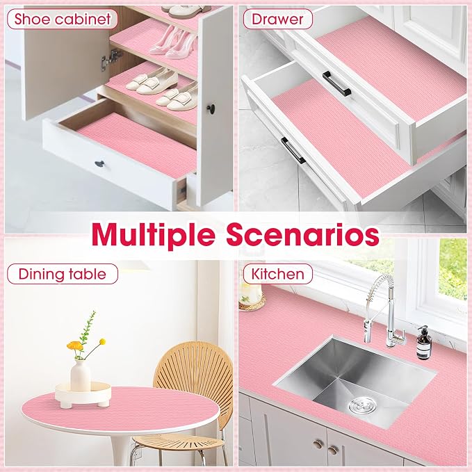 Drawer and Shelf Liner, Non-Slip Kitchen Cabinet Liners Non-Adhesive Thick Strong Grip Waterproof Washable Mats Protect Dresser Shelves Cupboard Bathroom Cabinets, Pink, 18 in X 10 FT
