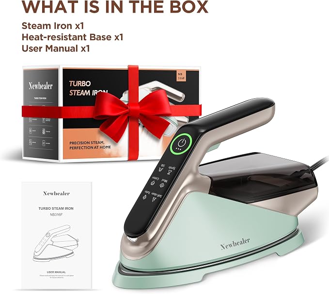 Newbealer Steam Generator Iron, 1500W Turbo Steamer for Clothes (Green) | 2 Bar Steam Pressure Clothes Iron, 4 Steam & 4 Dry Heat Modes, Fast Heat-Up, 350ml Detachable Tank, Auto-Off, Self-Cleaning