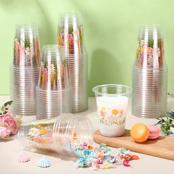 Jingmore 100 Pcs Flower Plastic Cups 12 oz Floral Wildflowers Disposable Clear Drinking Cups Bulk for Summer Spring Wedding Baby Shower Birthday Party Decorations Supplies(Boho Flower,Colorful)