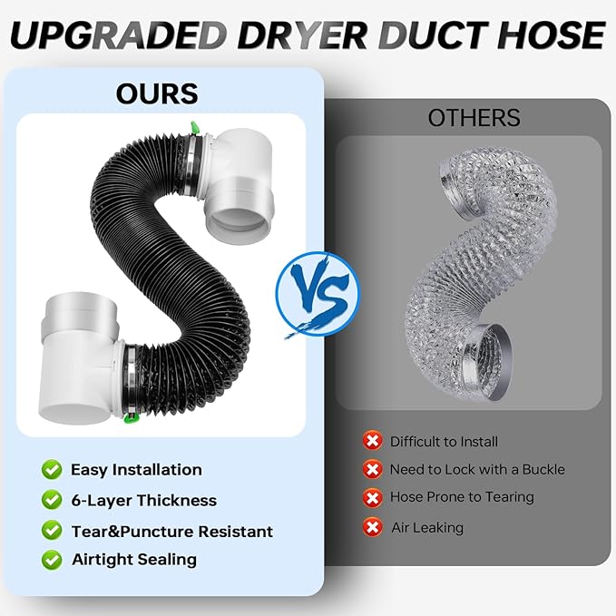MOPHA 8FT Dryer Vent Hose for Tight Space, 90 Degree Dryer Vent Elbow with Rubber Seal Connectors, Indoor Dryer Hose Vent Kit with 6-Layer Duct, Heat Resistant Dryer Exhaust Flexible Pipe with Adapter