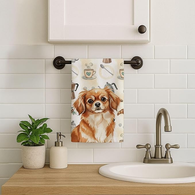 Caroline's Treasures Red Tibetan Spaniel Coffee Bar Kitchen Towel Velour Plush Front and Cotton Loop Back Machine Washable