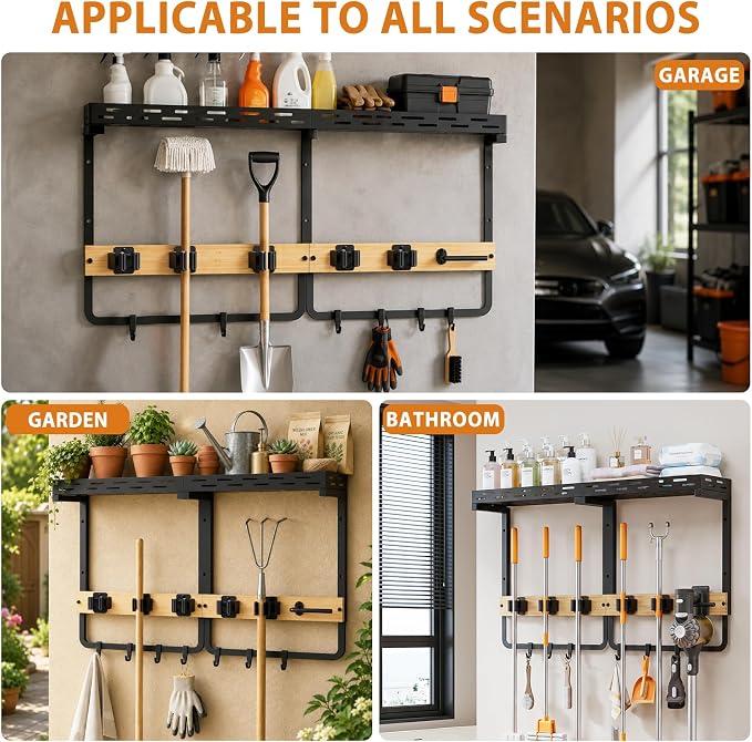 Large Broom Holder Wall Mount with Shelf, Mop Tool Organizer | 5 grippers, 6 hooks, vacuum slot, bamboo board, spray bottle tray, garage utility use