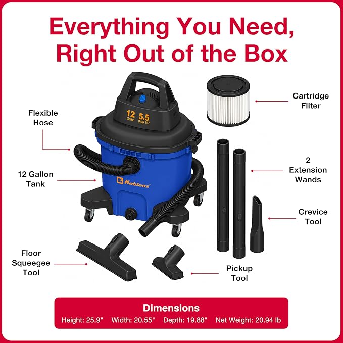 Koblenz WD-12 L4 Wet Dry Vacuum Cleaner, 12 Gallon 5.5 PHP, 3-in-1 Suction & Blower, 32 ft Reach, Drain Plug, Large Vacuum Cleaner for Car, Shop Vacuum Wet and Dry, Click-N-Lock Hose, Blue/Black