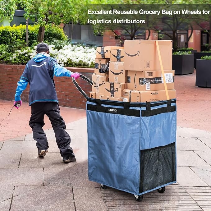 (Medium,Blue) Reusable Grocery Bag on Wheels, 70L Foldable Rolling Tote, Extra Storage for Shopping, Laundry & Moving, Zipper Clouser Shopping Carts for Camping, Moving, 4 Heavy Duty Wheels