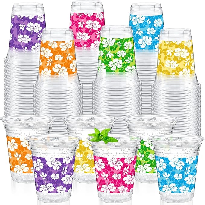 Tanlade 120 Pcs Hawaiian Luau Cups 12 oz Plastic Tropical Floral Cup Disposable Party Drinking Hawaii Hibiscus Beverage Drinkware for Summer Hawaiian Luau Tropical Pool Beach Birthday Party Supplies