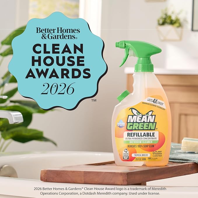 Mean Green Refillable Ultra Powered Bathroom Cleaner Concentrate, Tropical Breeze, 14.3 fl oz (2-Pack) – Plant & Mineral Based, Removes 100% of Soap Scum, Refillable Bottle Makes 4X Refills