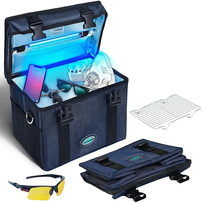 3.17 Gal Large-powerful UV Light Sanitizer Box, Portable Foldable Cleaner and Sanitizing Machine with 3-level Timer, UV Cleaner Bag for Key, Towel, Mask Cleaning Machine USB Wall Plug-in Charging Blue