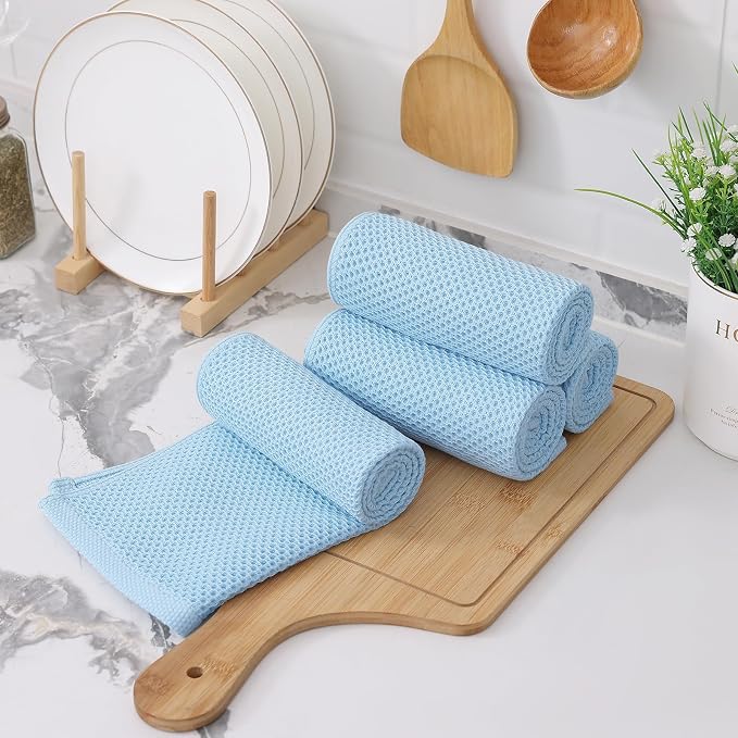 Kitinjoy 100% Cotton Waffle Weave Kitchen Hand Towels (13 X 28 Inches, Sky Blue), 12-Pack Super Soft and Absorbent Dish Towel for Drying Dishes