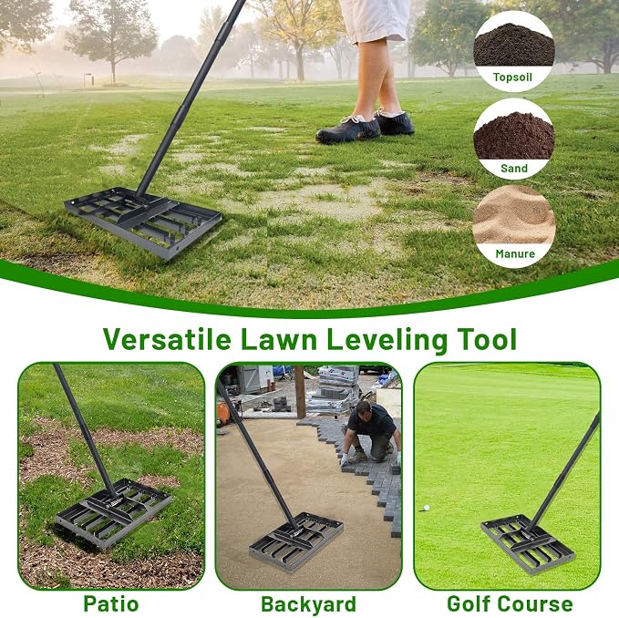 Lawn Leveling Rake 17"x10",Lawn Leveling Tool with 68" Long Adjustable Stainless Steel Handle for Leveling Soil,Grass,Sand or Dirt,Heavy Duty Lawn Leveler for Backyard,Garden,Golf Course,Farm,Pasture