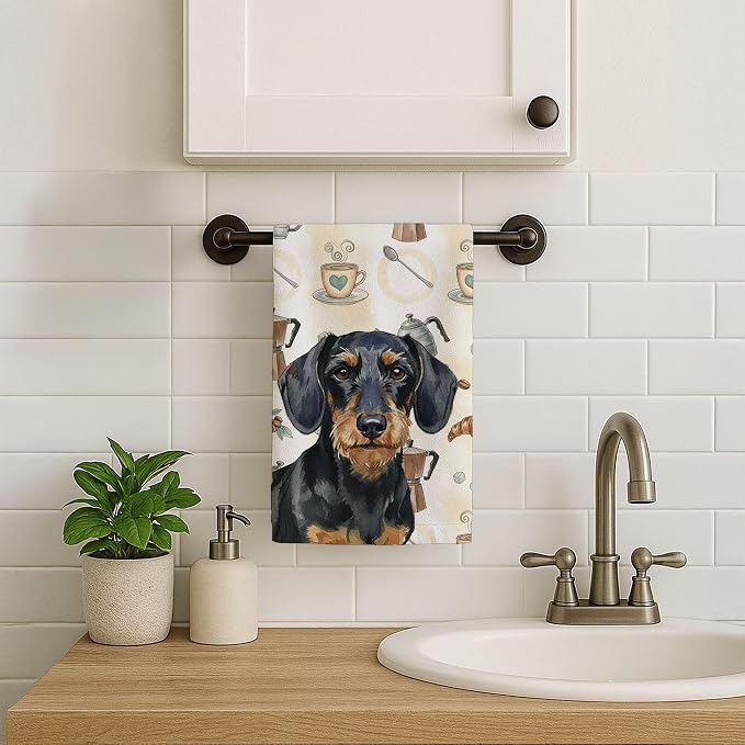 Caroline's Treasures Wirehaired Black and Tan Dachshund Coffee Bar Kitchen Towel Velour Plush Front and Cotton Loop Back Machine Washable