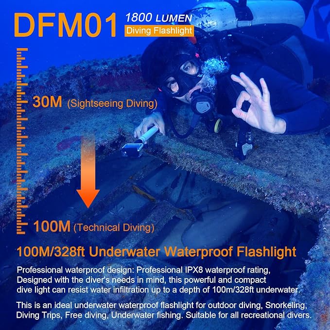 1800LM Dive Light Scuba Diving Flashlight,Super Bright Rechargeable Diving Flashlight With Magnetic Switch, 5 Modes Waterproof Underwater Light (100m/330ft) for Night Diving Underwater Photography