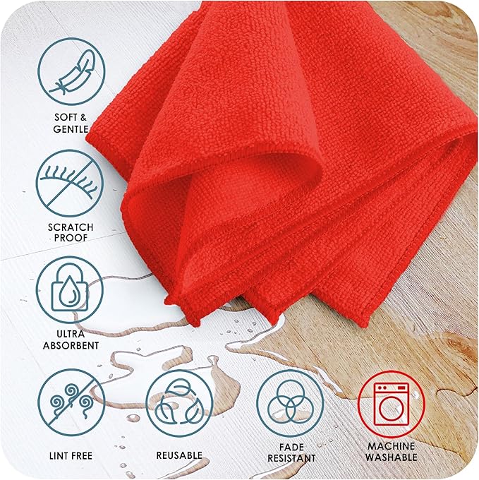 Hearth & Harbor Microfiber Cleaning Cloth, Towels for Cars 24 Pack Washcloths, Red Rags, Reusable Towel, Cloth Rags Cleaning, Lint Free 12x12inch