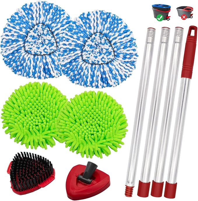 Mop Sets for O Cedar RinseClean 2 Tank Spin Mop System, 2 Microfiber Head Refills and 2 Chenille Pads,1 Handle with 1 Scrub Brush, and 1 Base