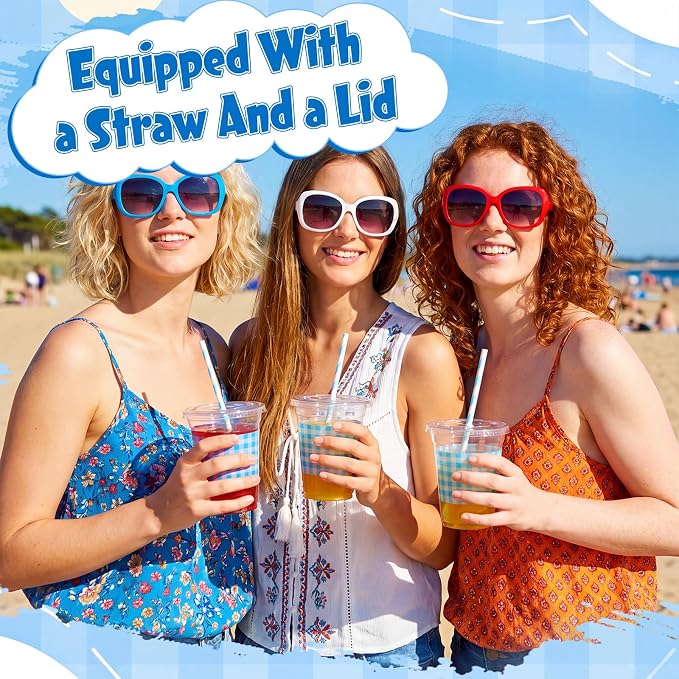 Domensi 25 Sets Blue and White Gingham Plastic Cups with Lids and Paper Straws 12oz Checkered Disposable Drinking Cups Bulk for Cold Drinks Baby Shower Wedding Birthday Summer Party Supplies