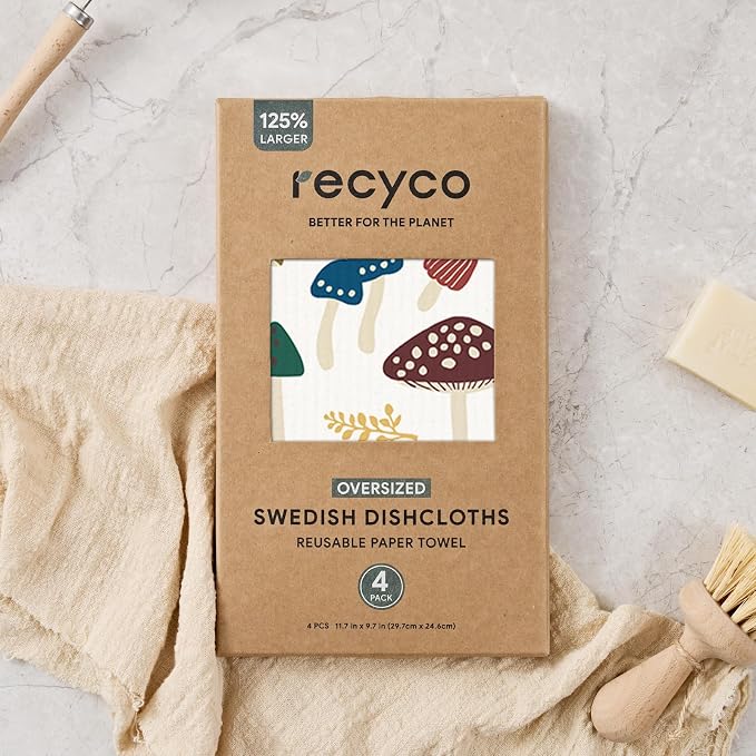 RECYCO Swedish Dishcloths for Kitchen | 4 Pack Oversized Washable Dish Rags | Large Cellulose Reusable Cleaning Paper Towels | Absorbent Counter Dish Cloth Sponge XL Kitchen Wipes, 12" L x 10" W