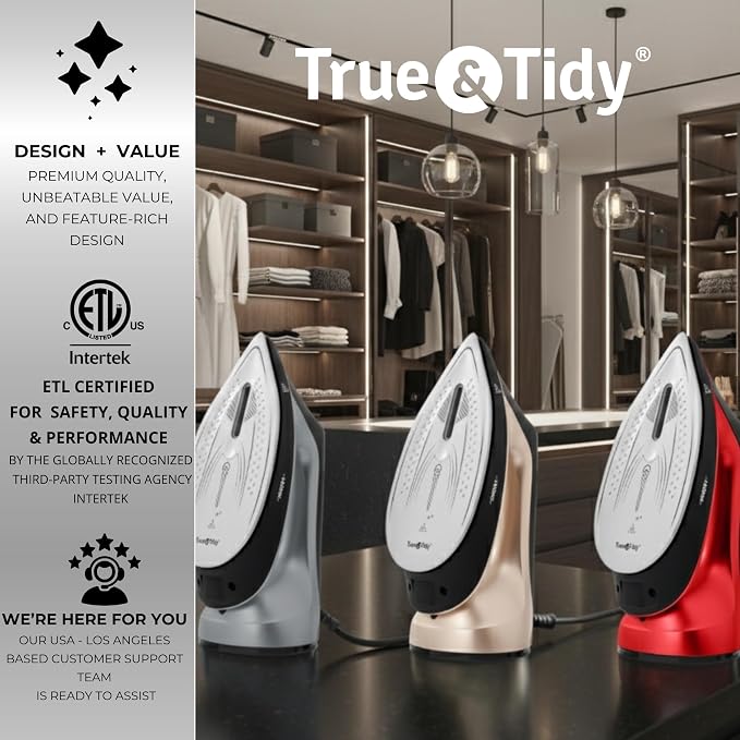True & Tidy 2-in-1 Iron and Handheld Steamer, 1600W Dual Heating System with Ceramic-Coated Plate, LCD Display, No-Drip Technology, 3 Fabric Modes, Portable Garment Steamer for Home & Travel