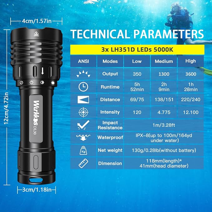 Wurkkos DL30 Dive Light Scuba Diving - Dive Flashlight Super Bright Max 3600 Lumen with 90CRI 100m Underwater Flashlight for Diving IPX-8 Waterproof Submersible Flashlight