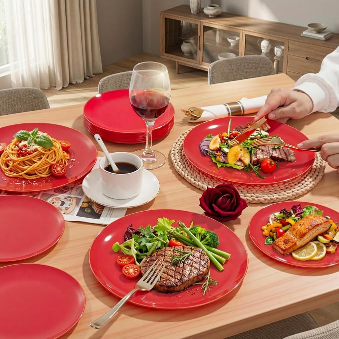 KIRE 350PCS Red Plastic Plates - Heavy Duty Red Plates Disposable - 50Guest Plastic Dinnerware Include 50Dinner Plate,50Dessert Plate,50Pre Rolled Napkins with Silverware for Wedding/Party