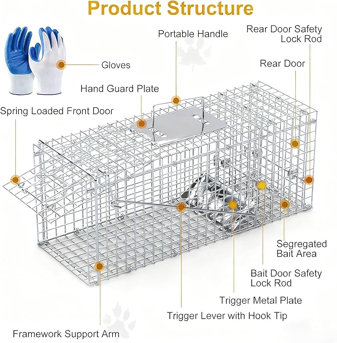Live Humane Animal Trap Cage Cat Trap Folding Catch and Release for Raccoons Opossums Skunks Feral Cats Squirrels Rabbit 25.59Inch