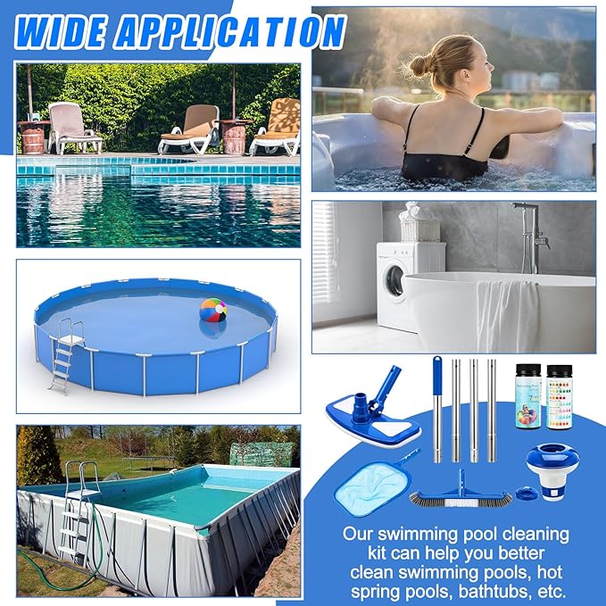 Potchen 6 Pcs Pool Cleaning Kit Include Vacuum Head, Skimmer Net, Brush Head, Telescoping Pole, Pool Chlorine Floater, and Test Strips for Above Ground Pools Hot Tubs Maintenance Tools(Round Vac)