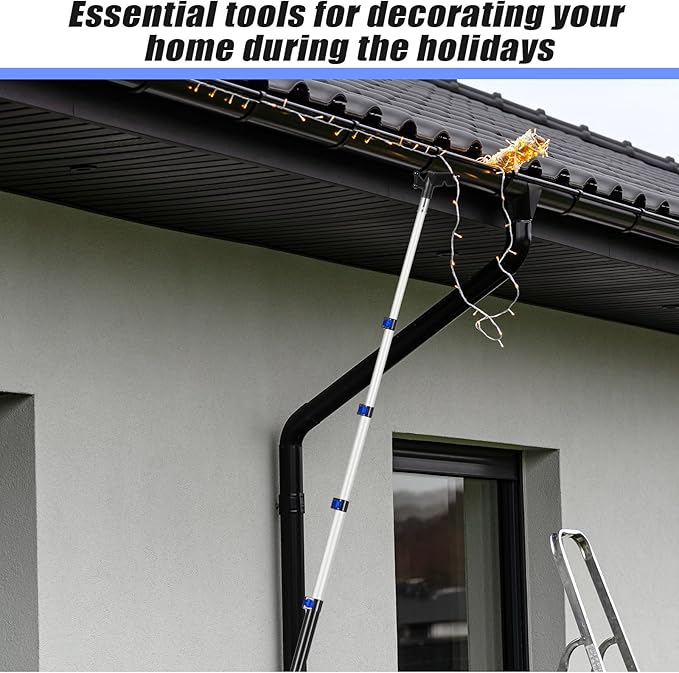 7-30 ft Telescopic Extension Pole with Utility Hook, Multi-Purpose Aluminum Pole for Painting, Dusting and New Year Window Cleaning Christmas Lights Installation Without a Ladder(Blue)