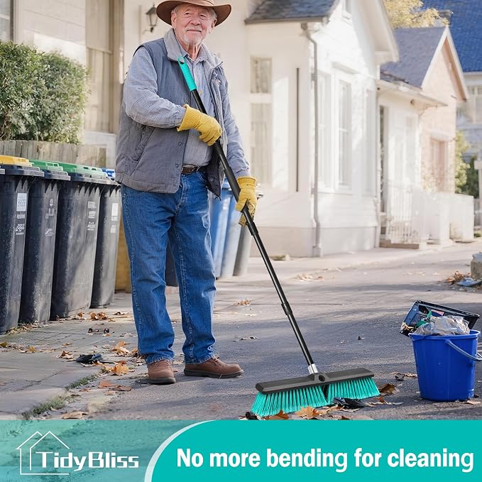 TidyBliss 18” Push Broom Outdoor Heavy Duty 3 Pack, Large Commercial Stiff Bristle Brush with 63 inches Long Handle for Garage Shop Garden Yard Patio Deck Street Warehouse Lawn Driveway (Green)