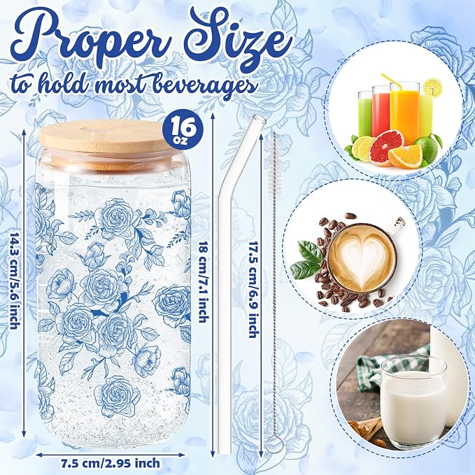 Sliner 2 Pcs Blue Flower Glass Cups Floral Gifts Drinking Glasses 16 oz Iced Coffee Tumbler with Lid Straw Beer Can Tumbler Cute Holiday Gifts for Home Office Decorations