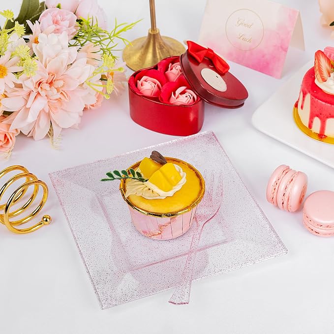 DaYammi 100Pcs Pink Dessert Plates with Forks Including 50Pcs Appetizer Plates,50Pcs Plastic Forks,Glitter Square Plate pink Disposable plates for Wedding,Plastic Cake Plate for Party Bridal Shower