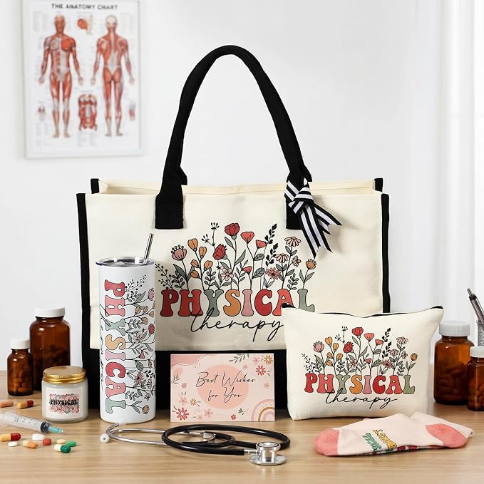 Patelai 7 Pcs Physical Therapy Gifts for Women PT Appreciation Gifts Set for Graduation Birthday with 20 oz Tumbler Canvas Tote Bag for Physical Therapist Assistant Doctor Nurse Staff Coworker
