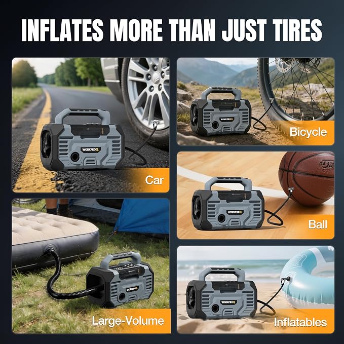 WORKPROX Tire Inflator Portable Air Compressor 150PSI – 12V DC & 20V Battery Car Air Pump, 2 Modes, Auto Shut-Off, Digital Gauge & LED Light, for Car, Bike, Ball & Air Mattress
