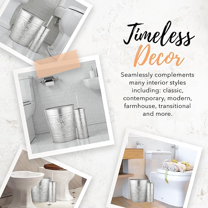 Autumn Alley Brushed Nickel Bathroom Trash Can and Toilet Brush Set – 2-Piece Silver Metal Bathroom Accessories Set, Modern Farmhouse & Transitional Bathroom Decor