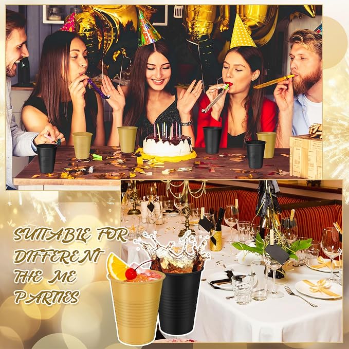 Funnymoom 100 Pcs Black and Gold Plastic Cups, 12 oz Disposable Party Cups for Graduation, Ceremony, Wedding Reception, Birthday Party Supplies