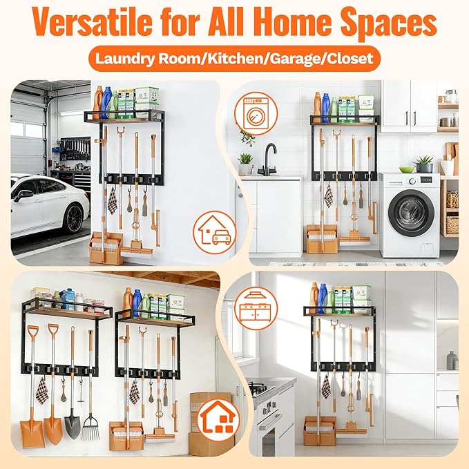 2 Packs Broom Holder Wall Mount with Shelf Load 66LBS Broom and Mop Organizer Wall Hanging Broom Hanger with 4 Mop Hanger Grippers, 3 Hooks for Laundry Room, Garage, Utility Closet, Kitchen